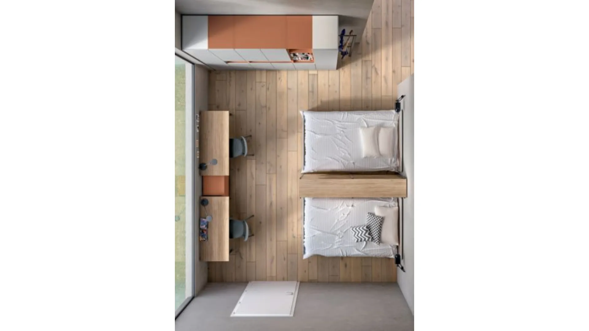 Modern bedroom full of unique accessories, for a one-of-a-kind shared room.
