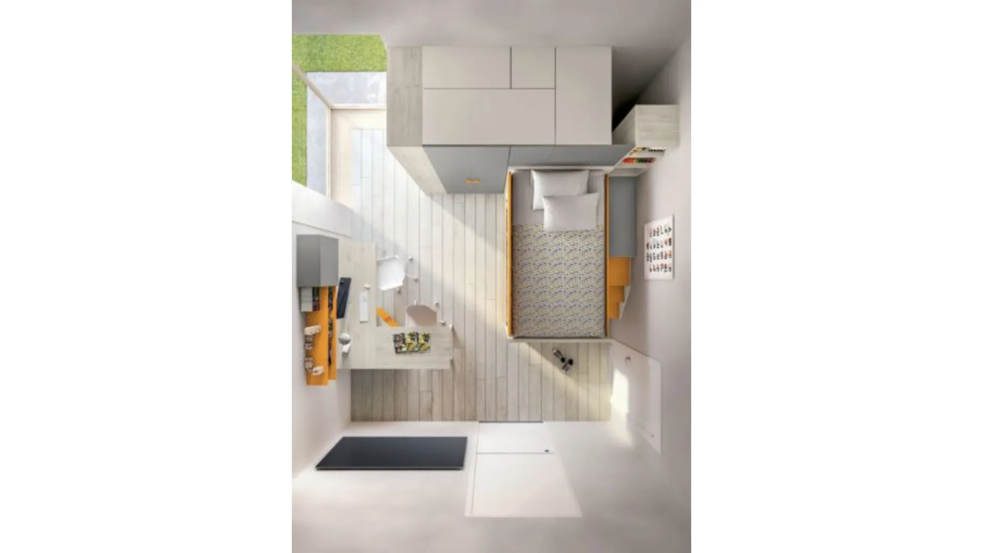 Modern bedroom with bunk bed, a space-saving and efficient room.