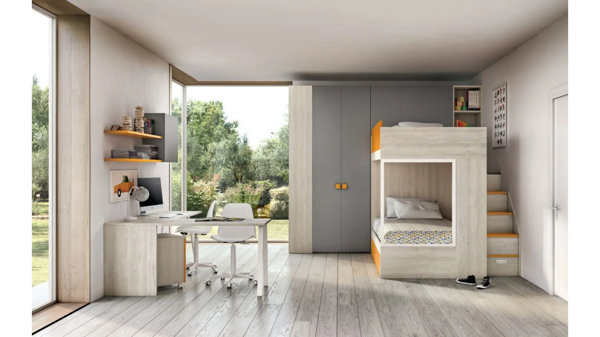 Modern bedroom with bunk bed, a space-saving and efficient room.