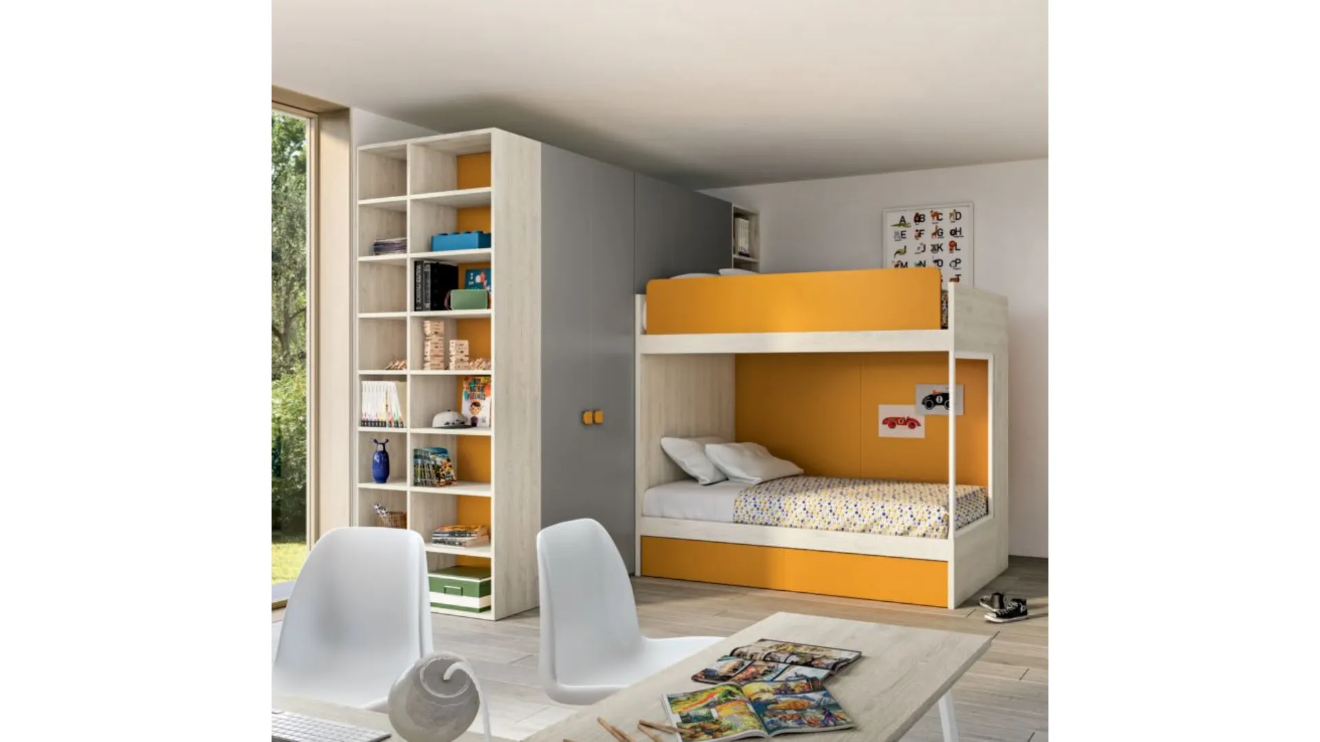 Modern bedroom with bunk bed, a space-saving and efficient room.