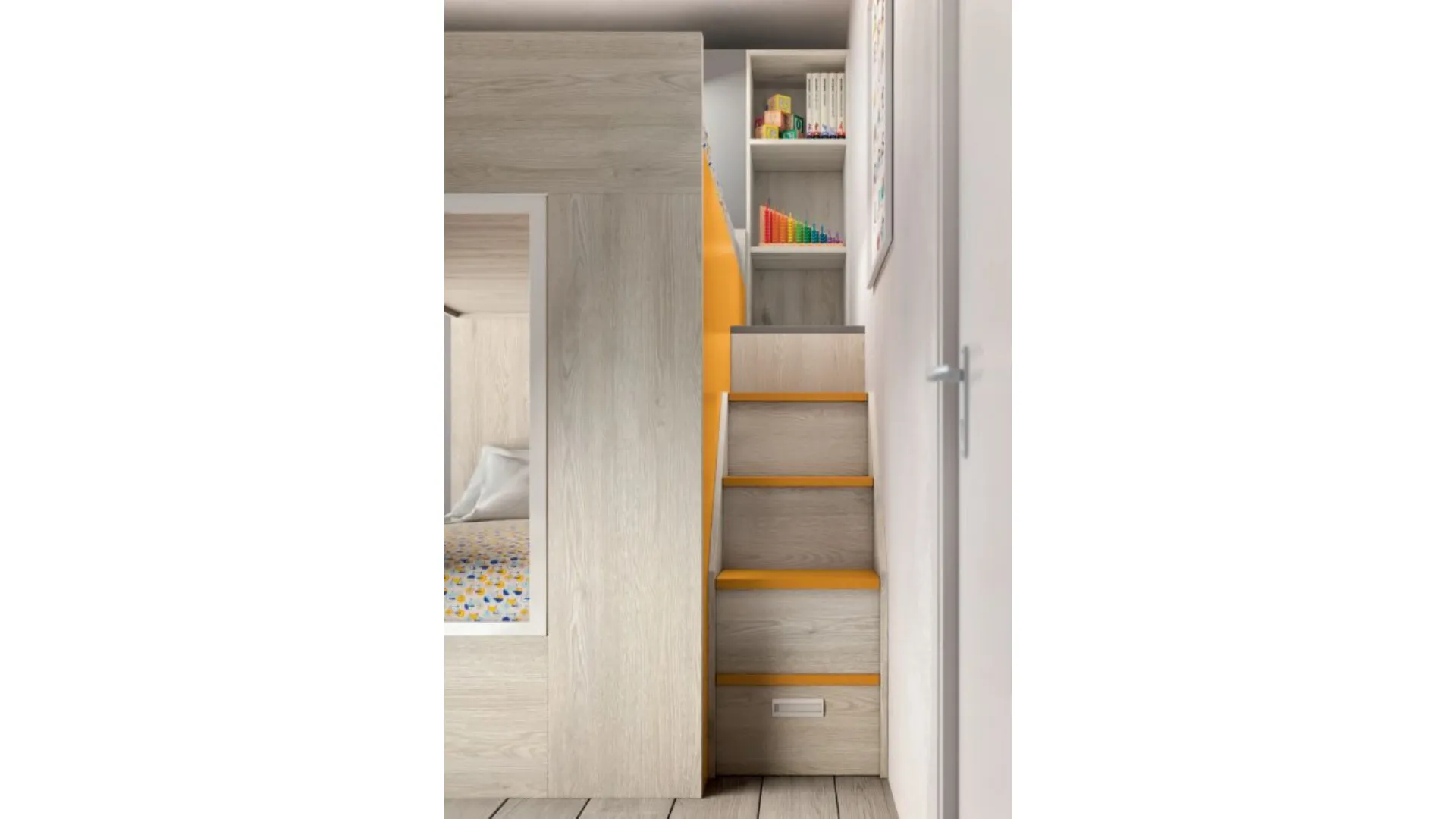 Modern bedroom with bunk bed, a space-saving and efficient room.