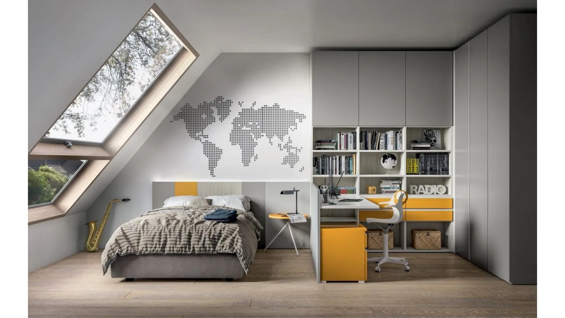 Modern complete bedroom with desk, customizable in finishes.