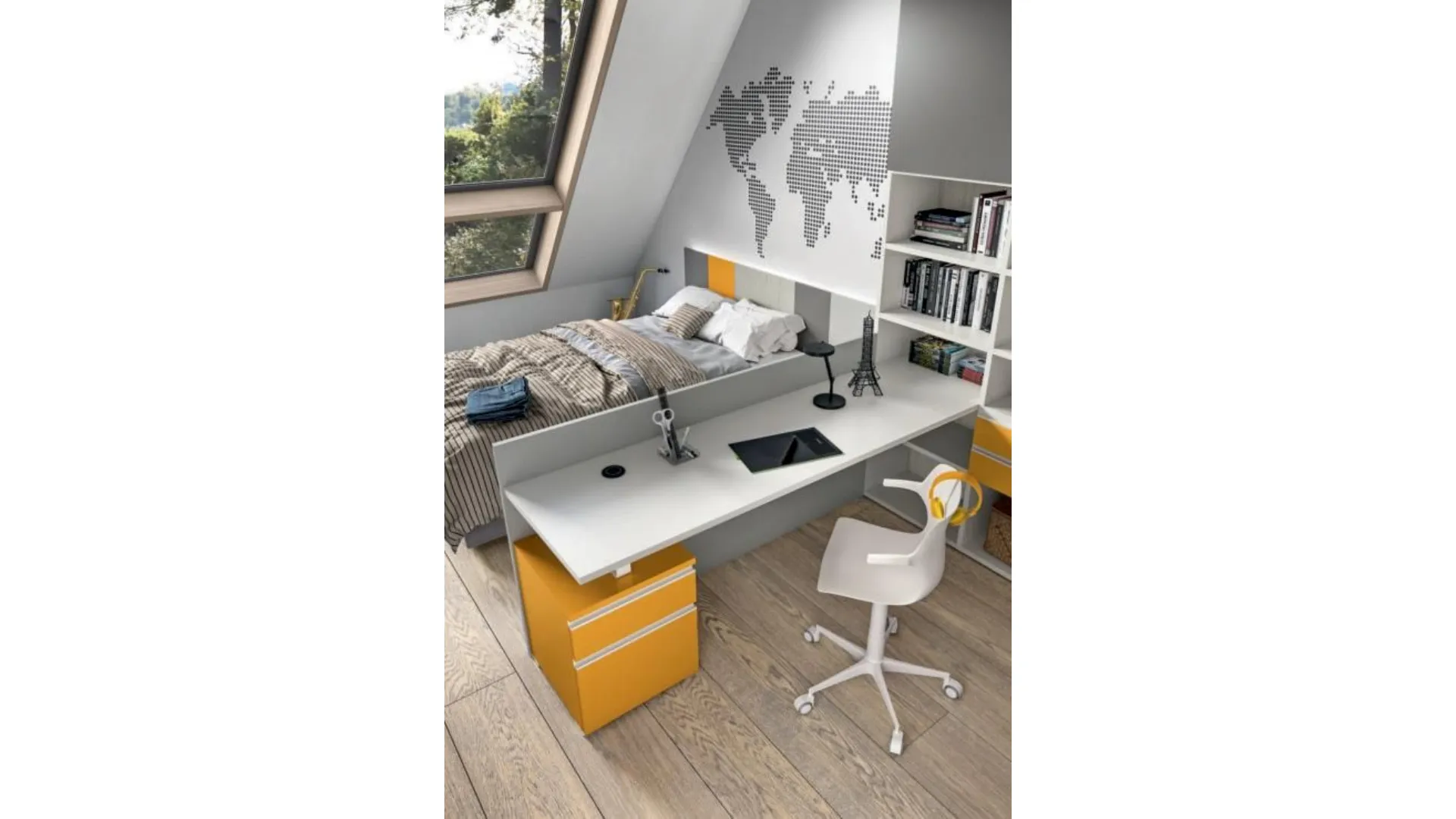 Modern complete bedroom with desk, customizable in finishes