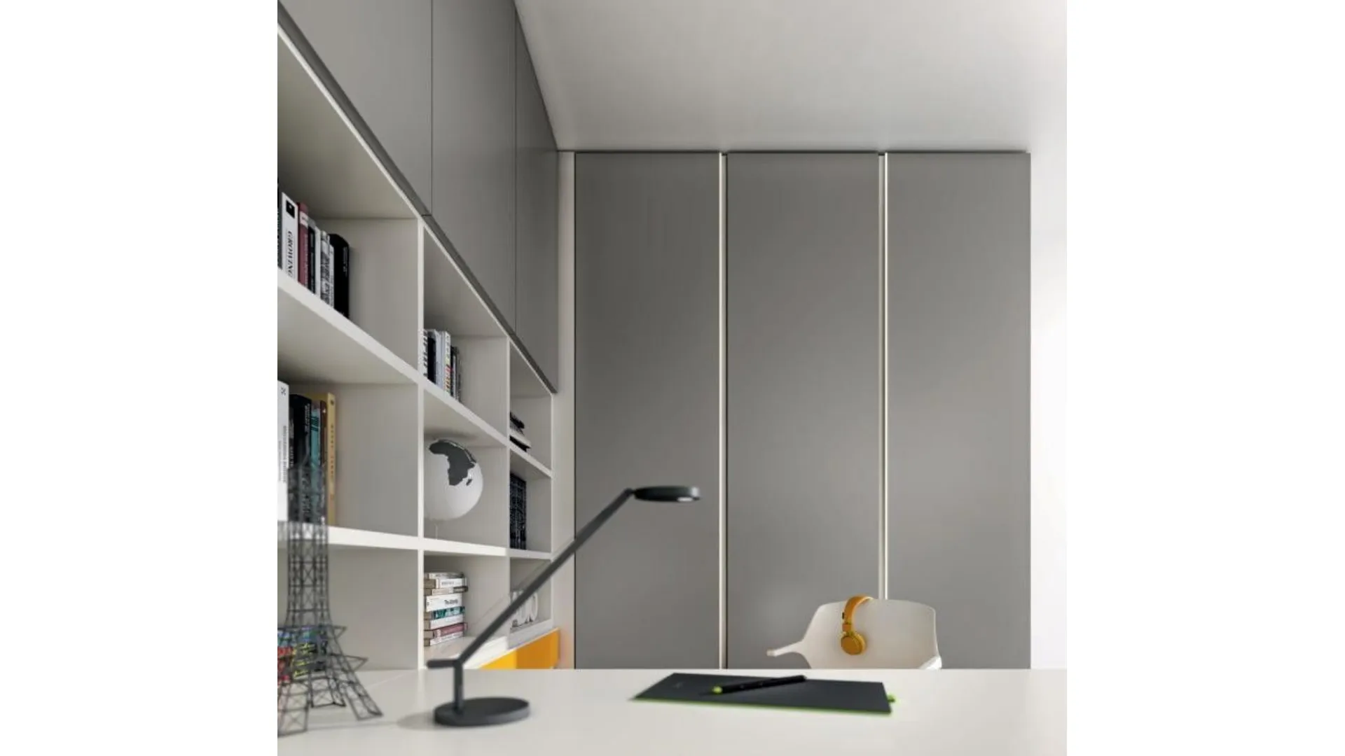 Modern complete bedroom with desk, customizable in finishes.