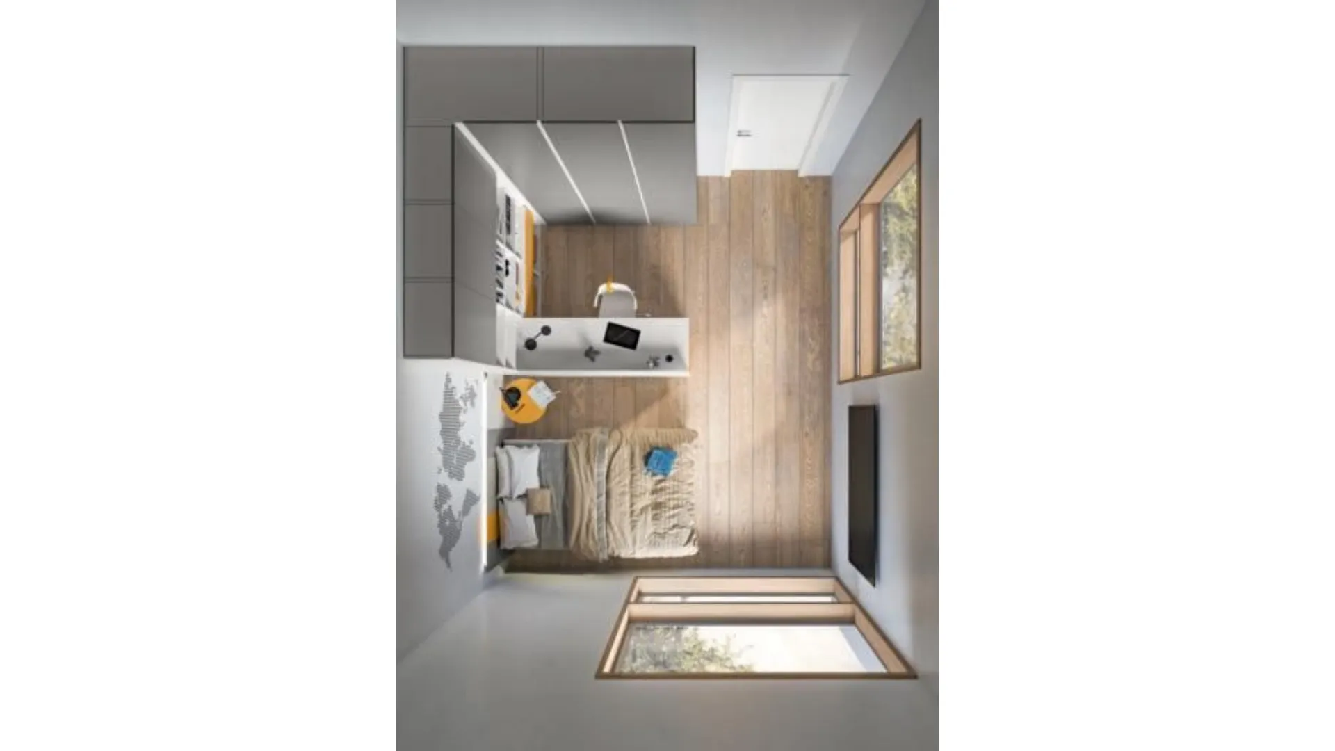 Modern complete bedroom with desk, customizable in finishes.