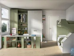 Modern bedroom with bunk bed, ergonomic desk, all quality materials.