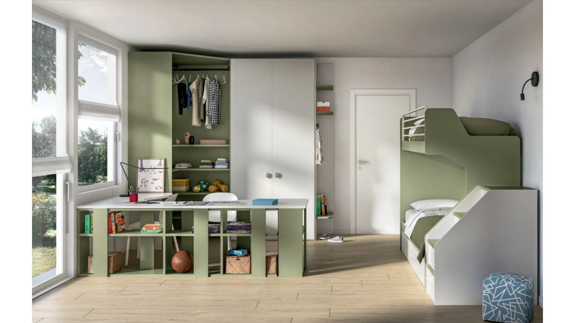 Modern bedroom with bunk bed, ergonomic desk, all quality materials.