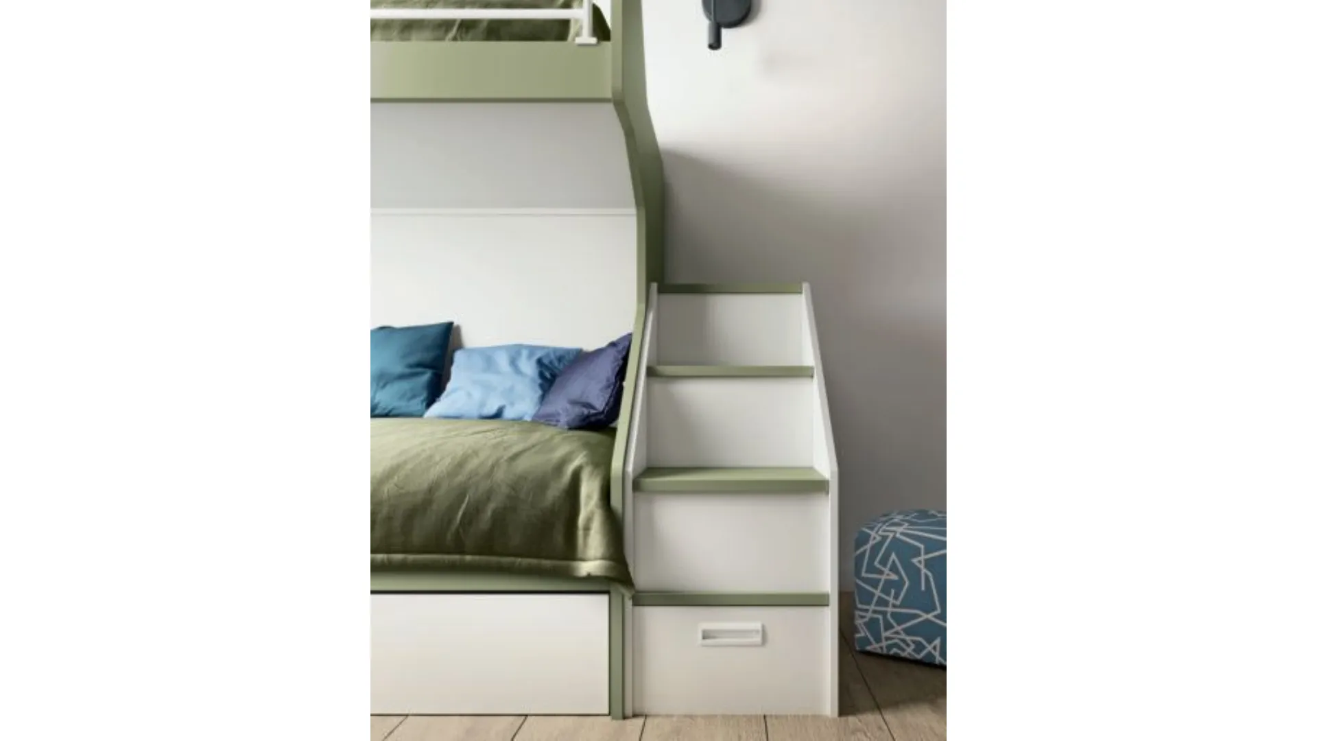 Modern bedroom with bunk bed, ergonomic desk, all high-quality materials.