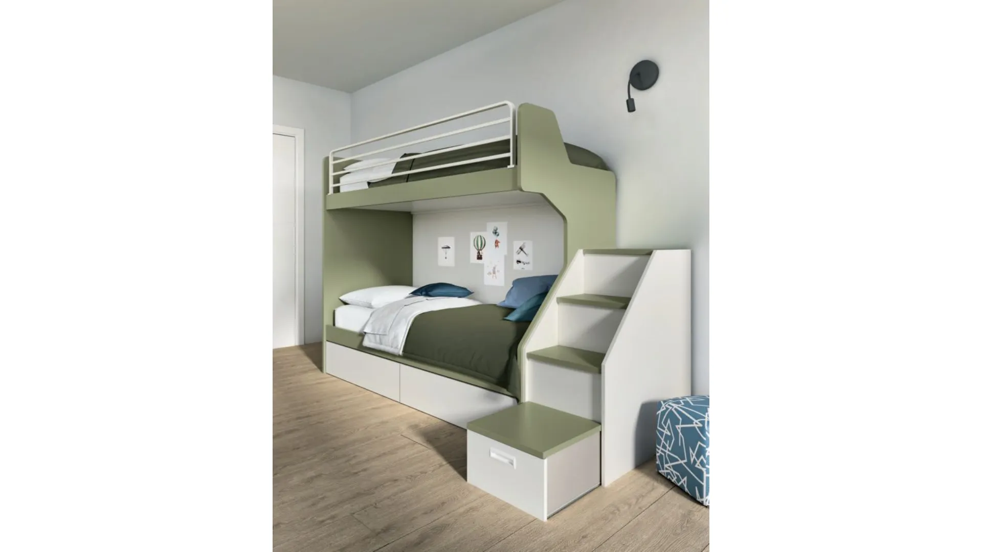 Modern bedroom with bunk bed, ergonomic desk, all high-quality materials