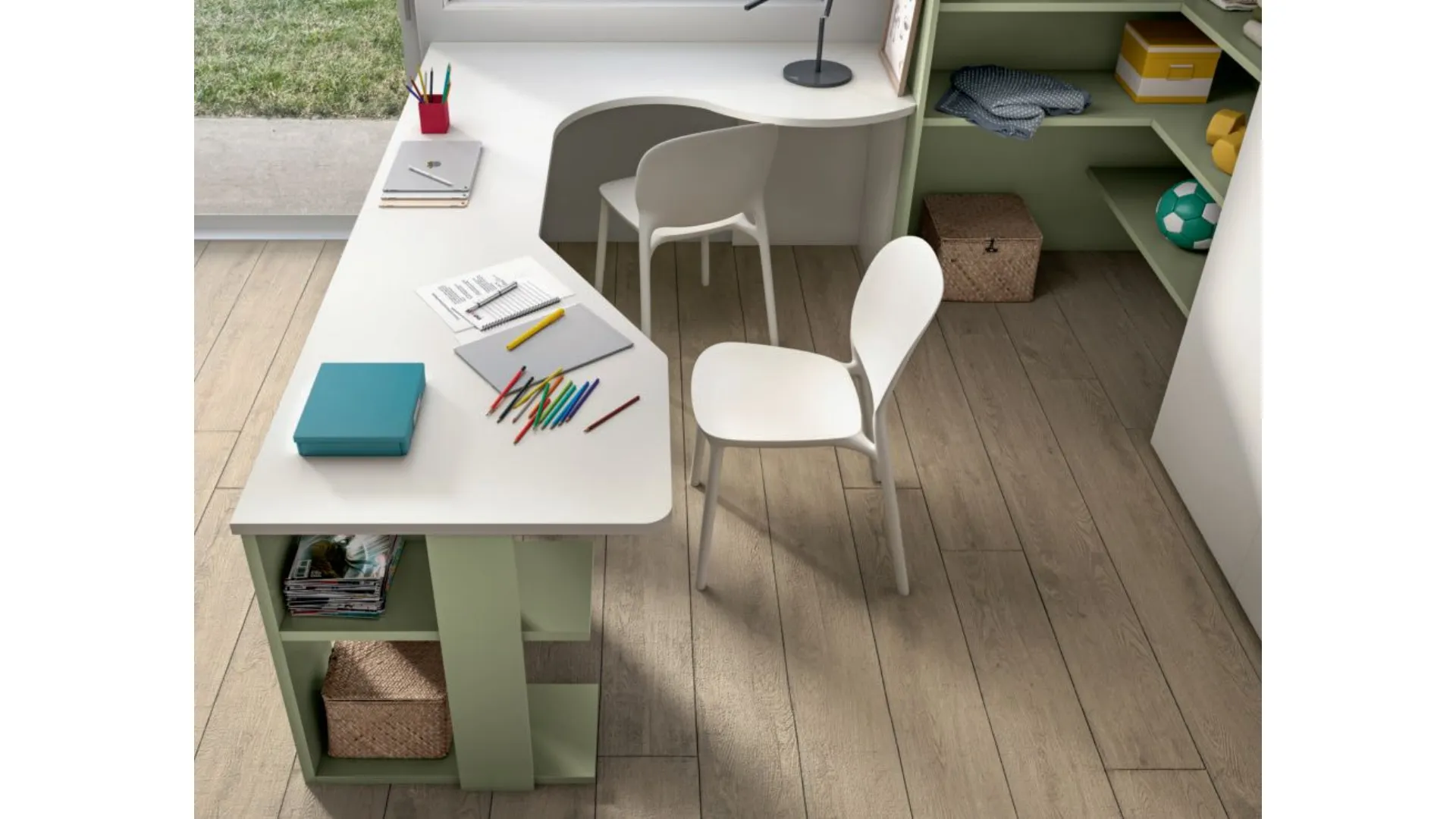 Modern bedroom with bunk bed, ergonomic desk, all high-quality materials.