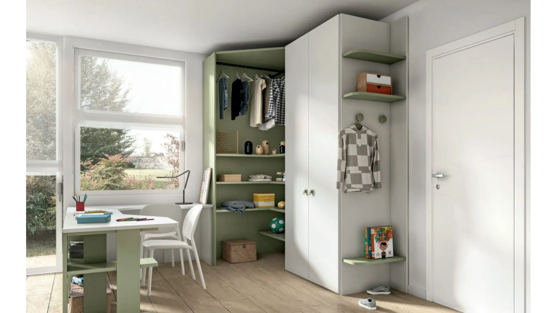 Modern room with bunk bed, ergonomic desk, all high-quality materials.