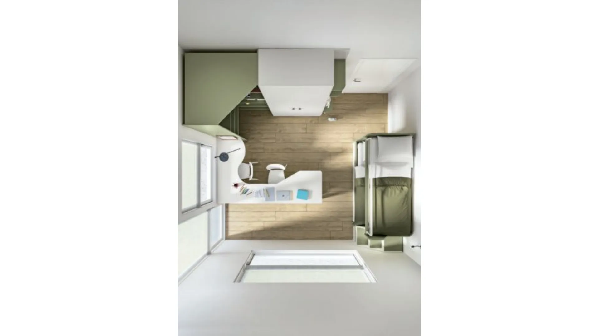 Modern bedroom with bunk bed, ergonomic desk, all high-quality materials.