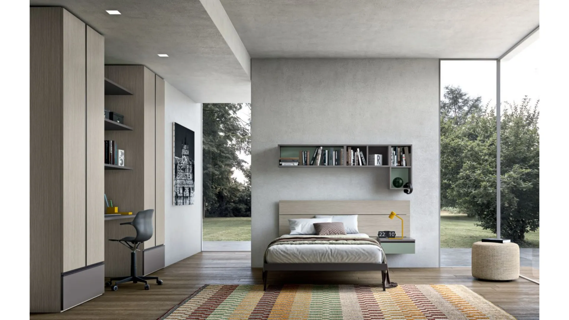 Modern bedroom for teenagers with integrated desk in the wardrobe.
