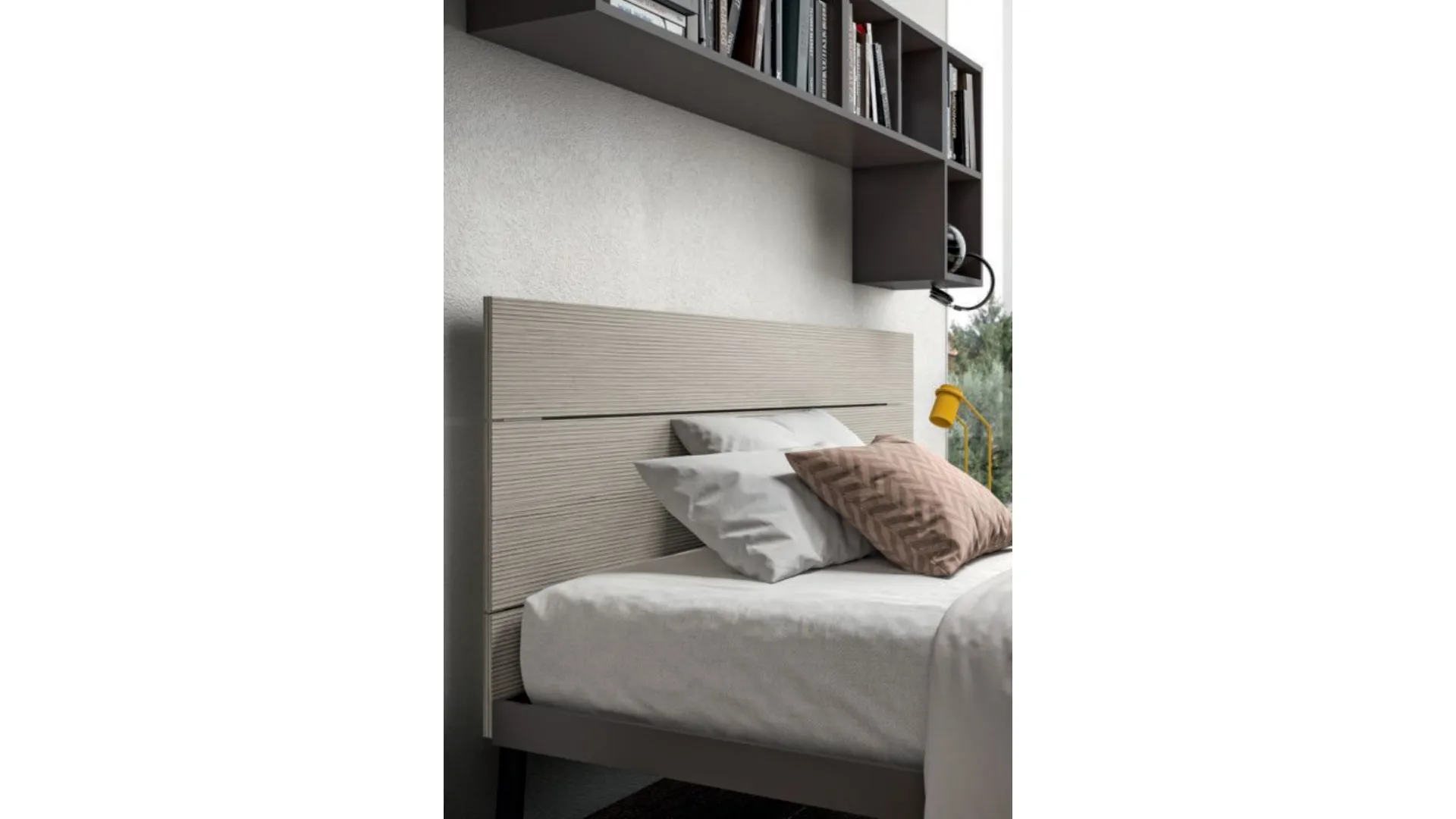 Modern bedroom for teenagers with integrated desk in the wardrobe.