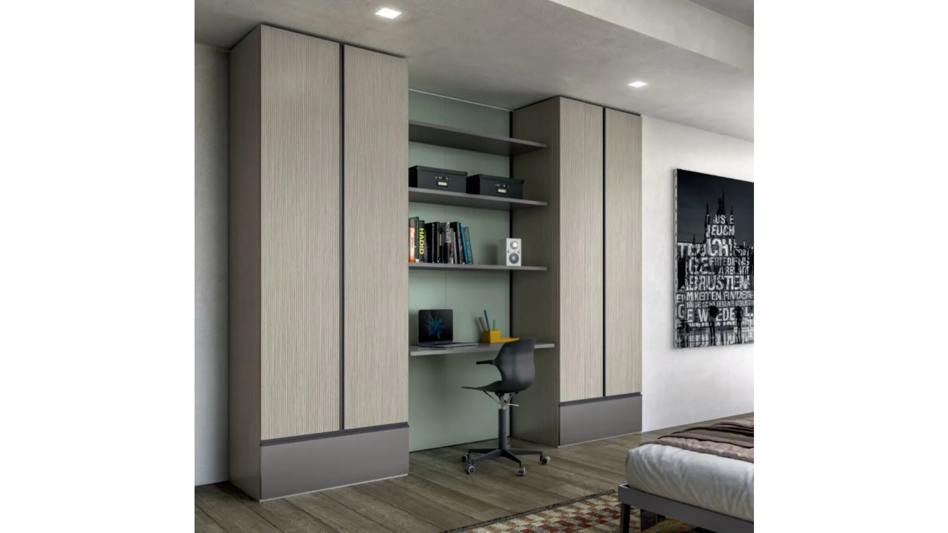 Modern teenage bedroom with integrated desk in the wardrobe.