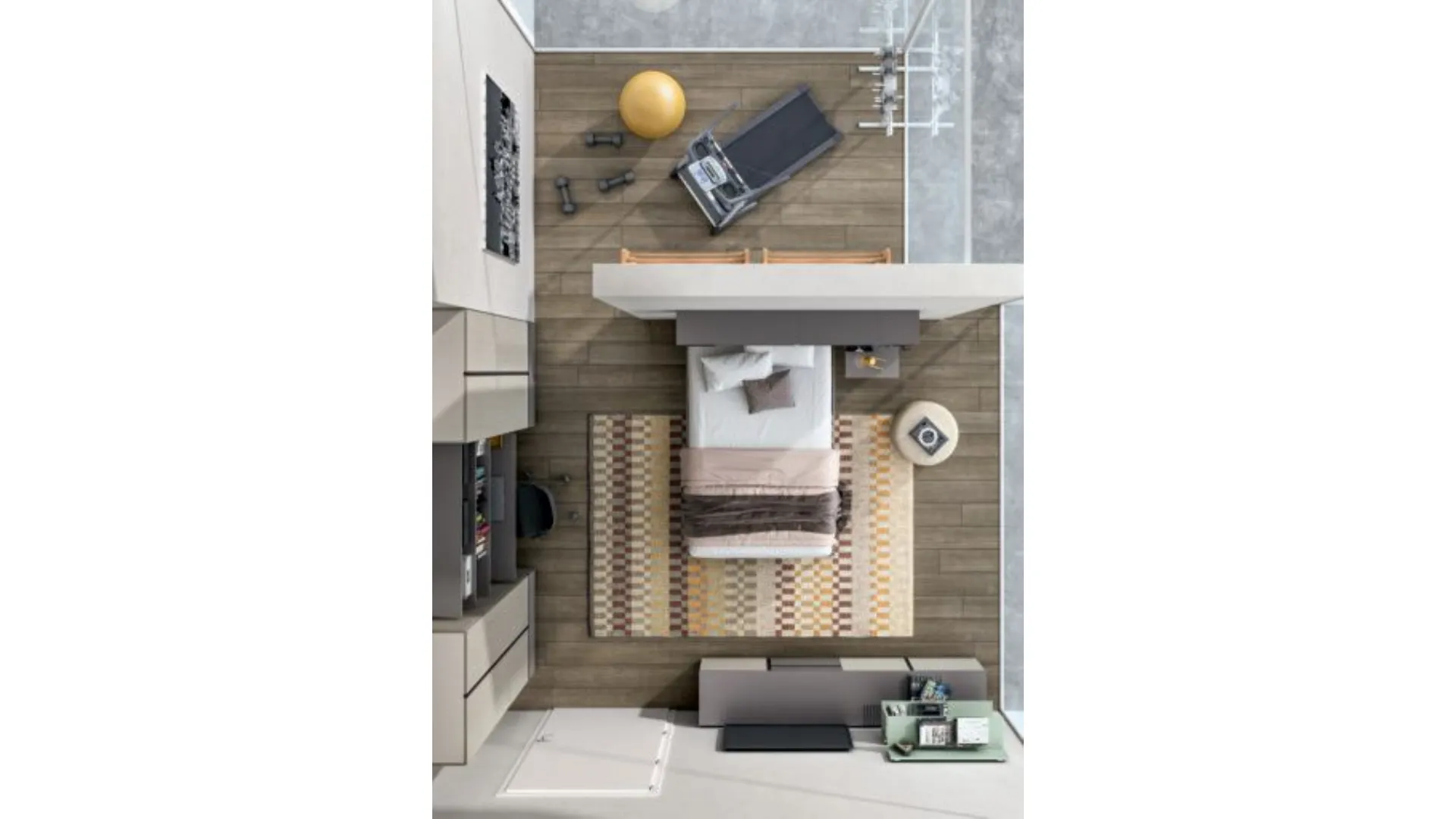 Modern bedroom for teenagers with integrated desk in the wardrobe
