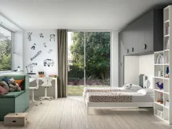 Modern children's room with bridge wardrobe and two-tone design bookcase.
