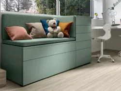 Modern children's bedroom with a bridge wardrobe and a two-tone design bookcase.