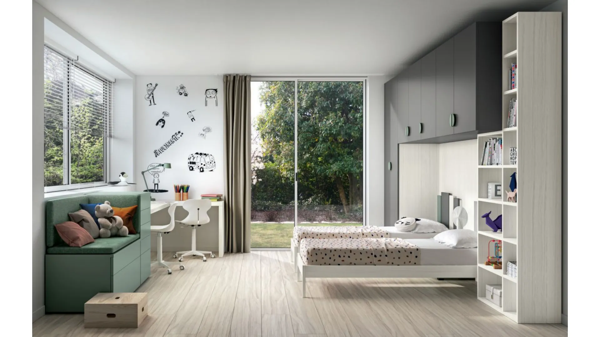 Modern children's room with bridge wardrobe and two-tone design bookcase.