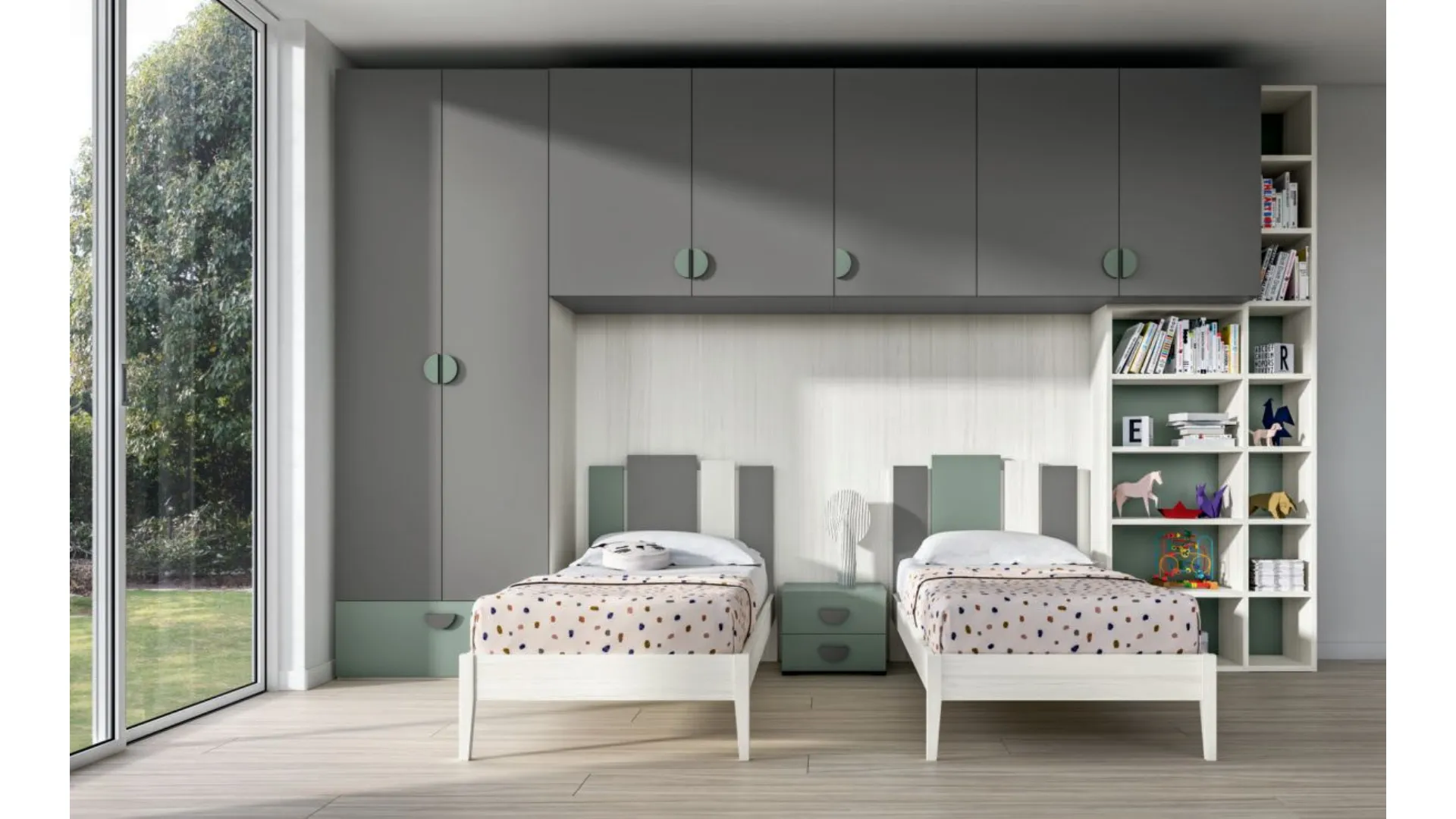 Modern children's bedroom with a bridge wardrobe and two-tone design bookcase.