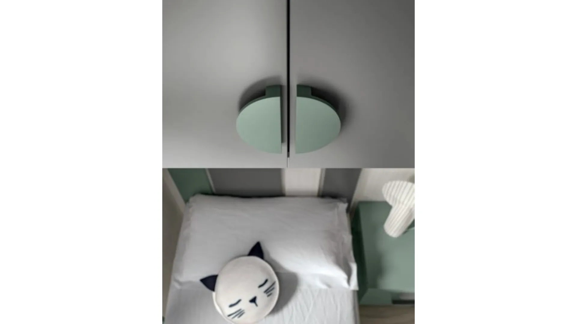 Modern children's bedroom with a bridge wardrobe and two-tone design bookcase.
