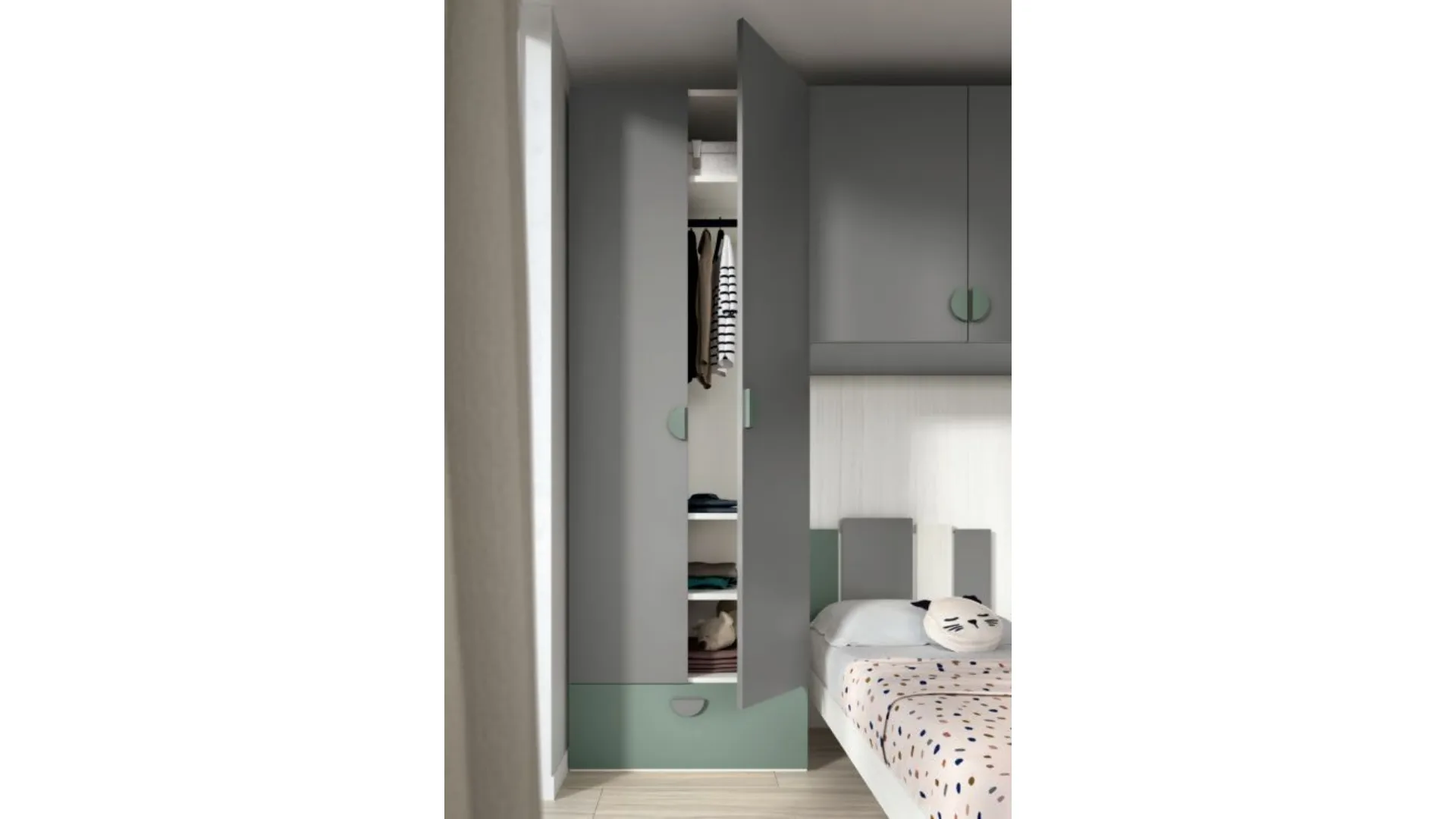 Modern children's bedroom with a bridge wardrobe and two-tone designer library.