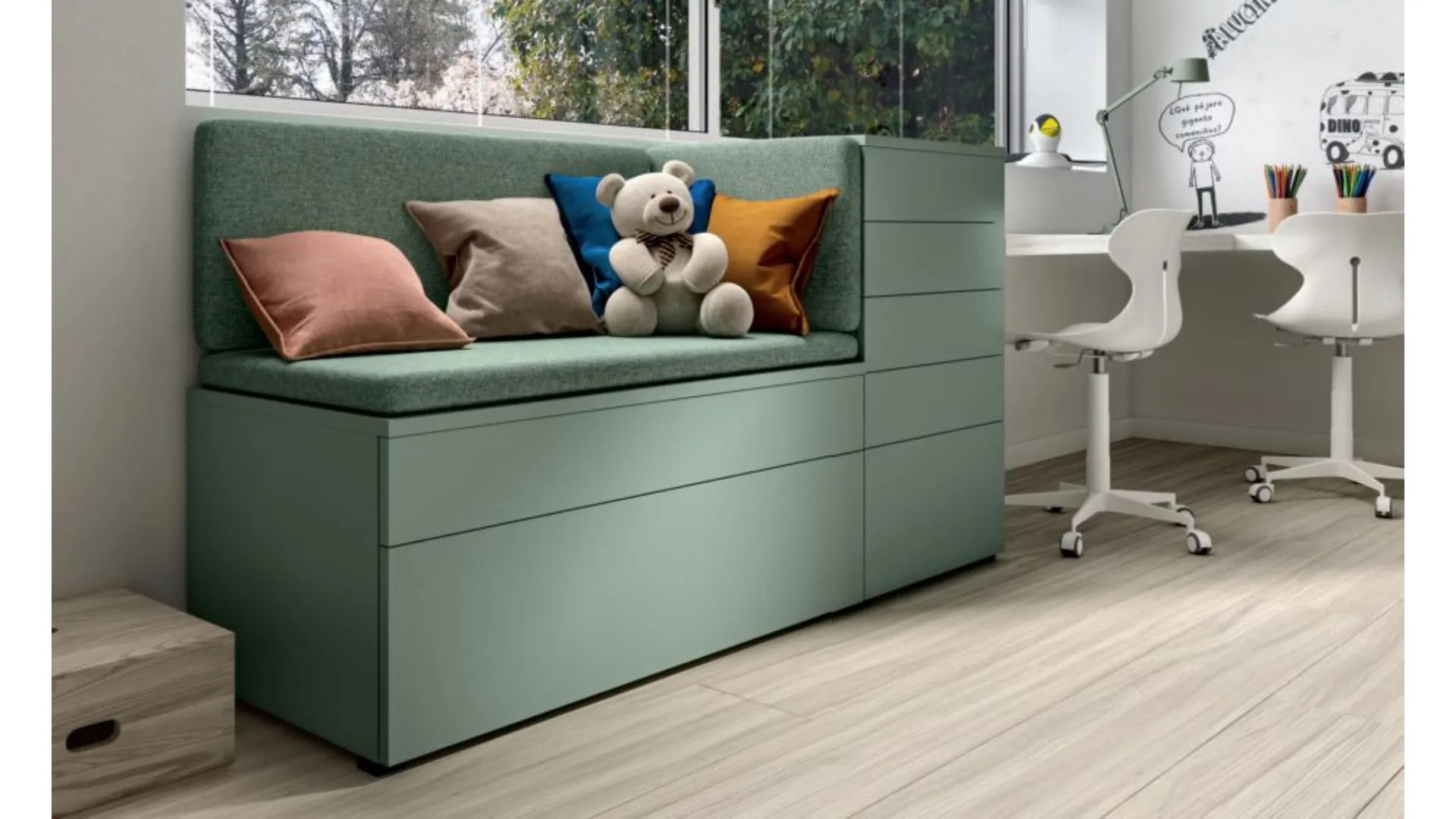 Modern children's bedroom with a bridge wardrobe and a two-tone design bookcase.