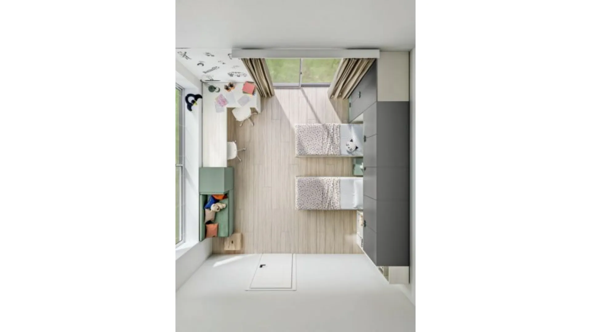 Modern children's bedroom with built-in wardrobe and two-tone design bookcase