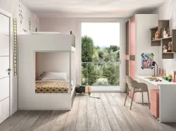 Modern children's room with bunk bed and integrated containers on the ladder.
