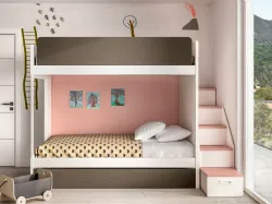 Modern children's room with bunk bed and integrated containers in the ladder.