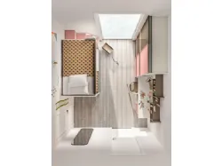 Modern children's room with bunk bed and built-in storage containers on the ladder.