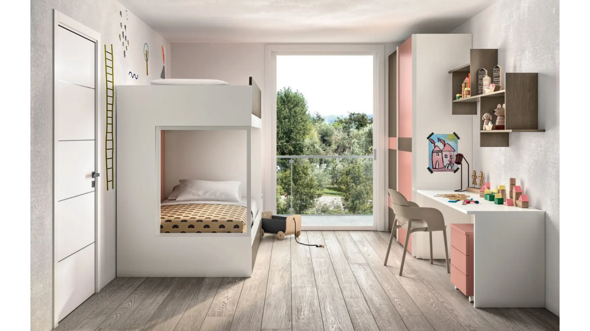 Modern children's room with bunk bed and integrated containers on the ladder.