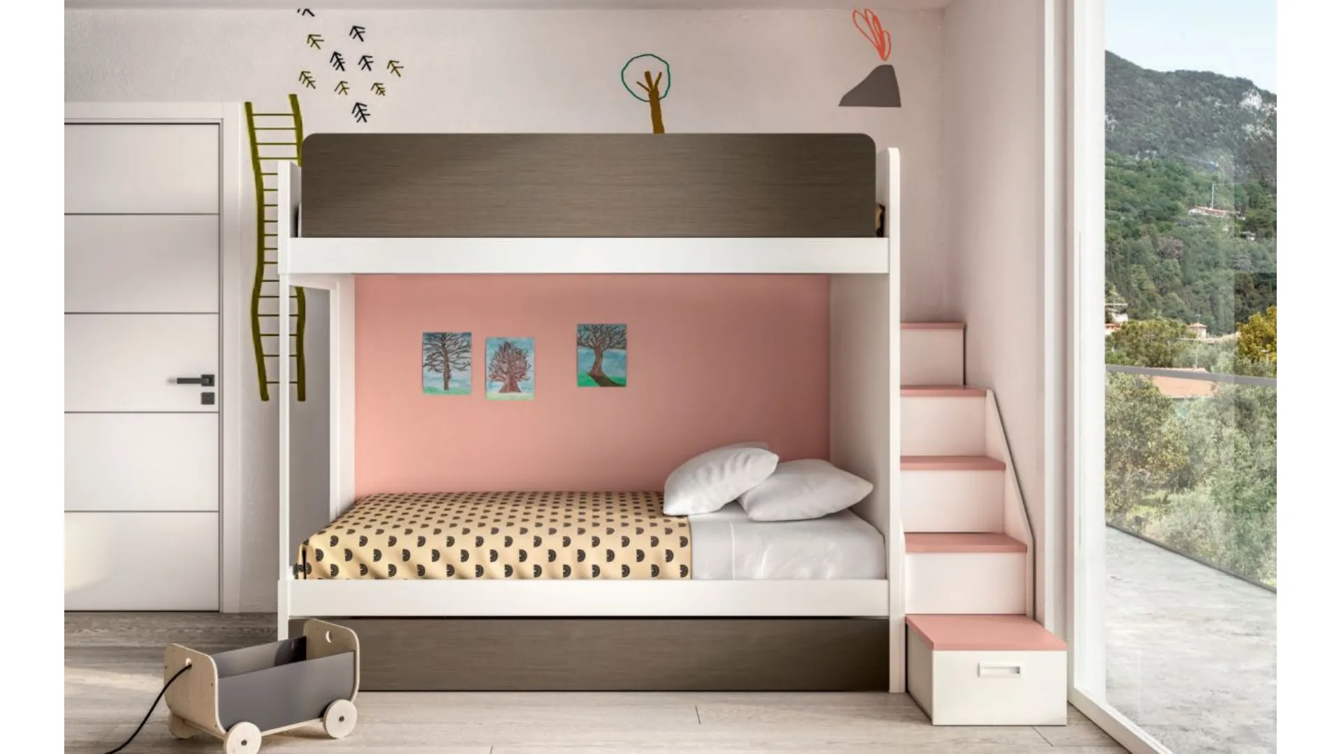 Modern children's room with bunk bed and integrated containers in the ladder.