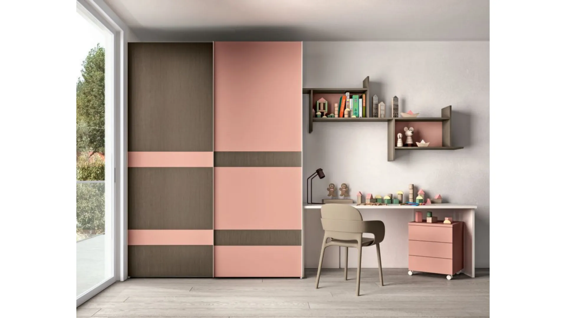 Modern children's bedroom with bunk bed and integrated storage containers in the ladder.