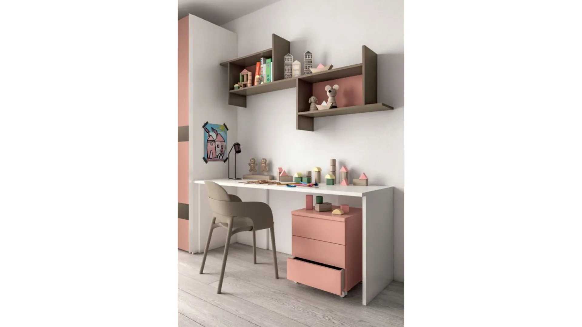 Modern children's room with bunk bed and containers integrated into the ladder.