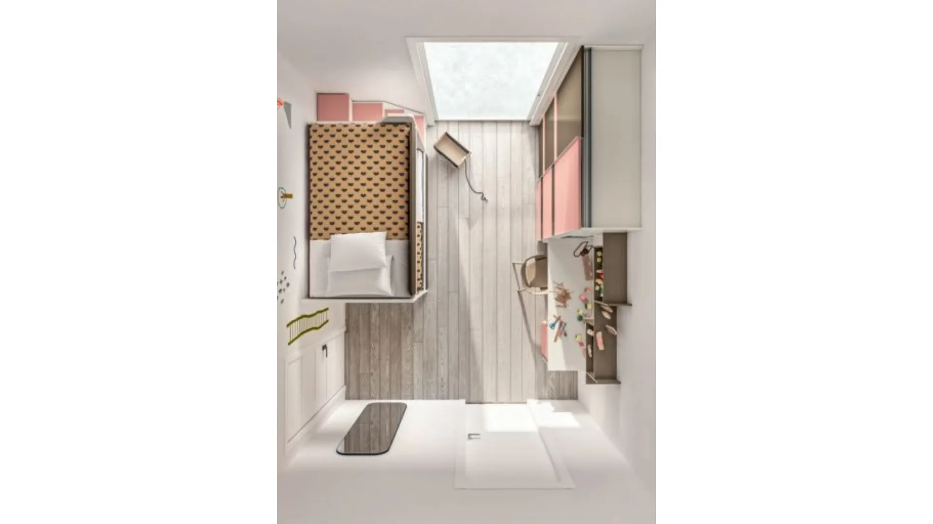 Modern children's room with bunk bed and built-in storage containers on the ladder.