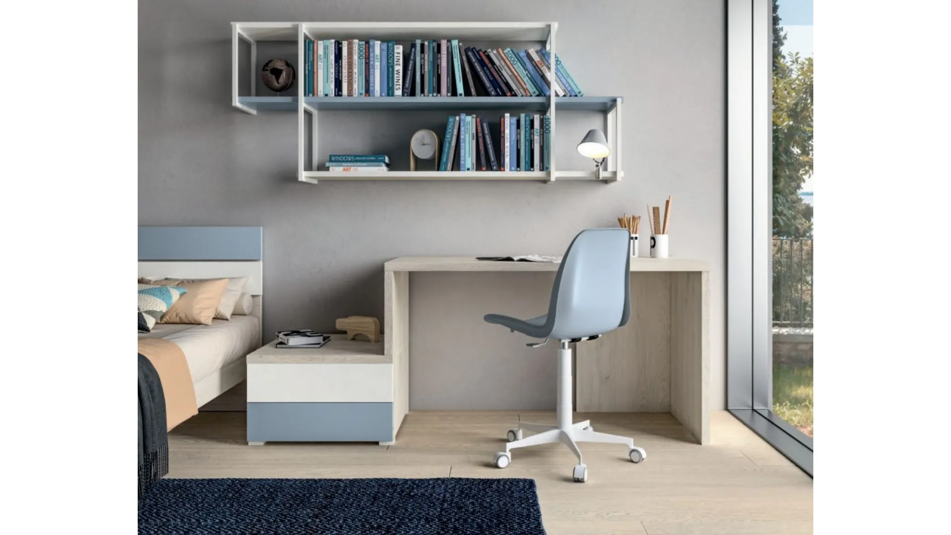Modern, functional and stylish kids' room with a study corner.