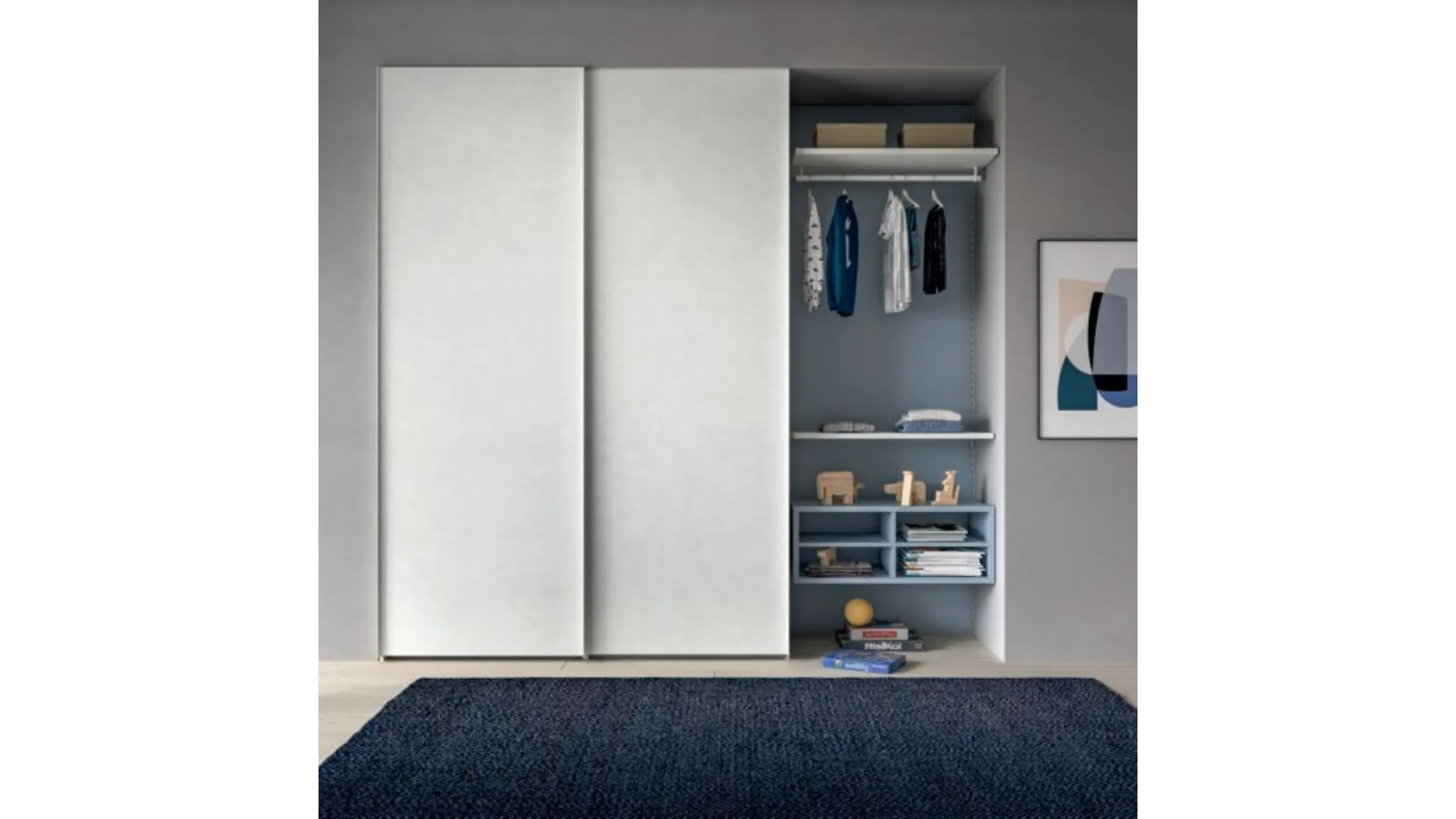 Modern, functional, and stylish children's room, with a study corner.