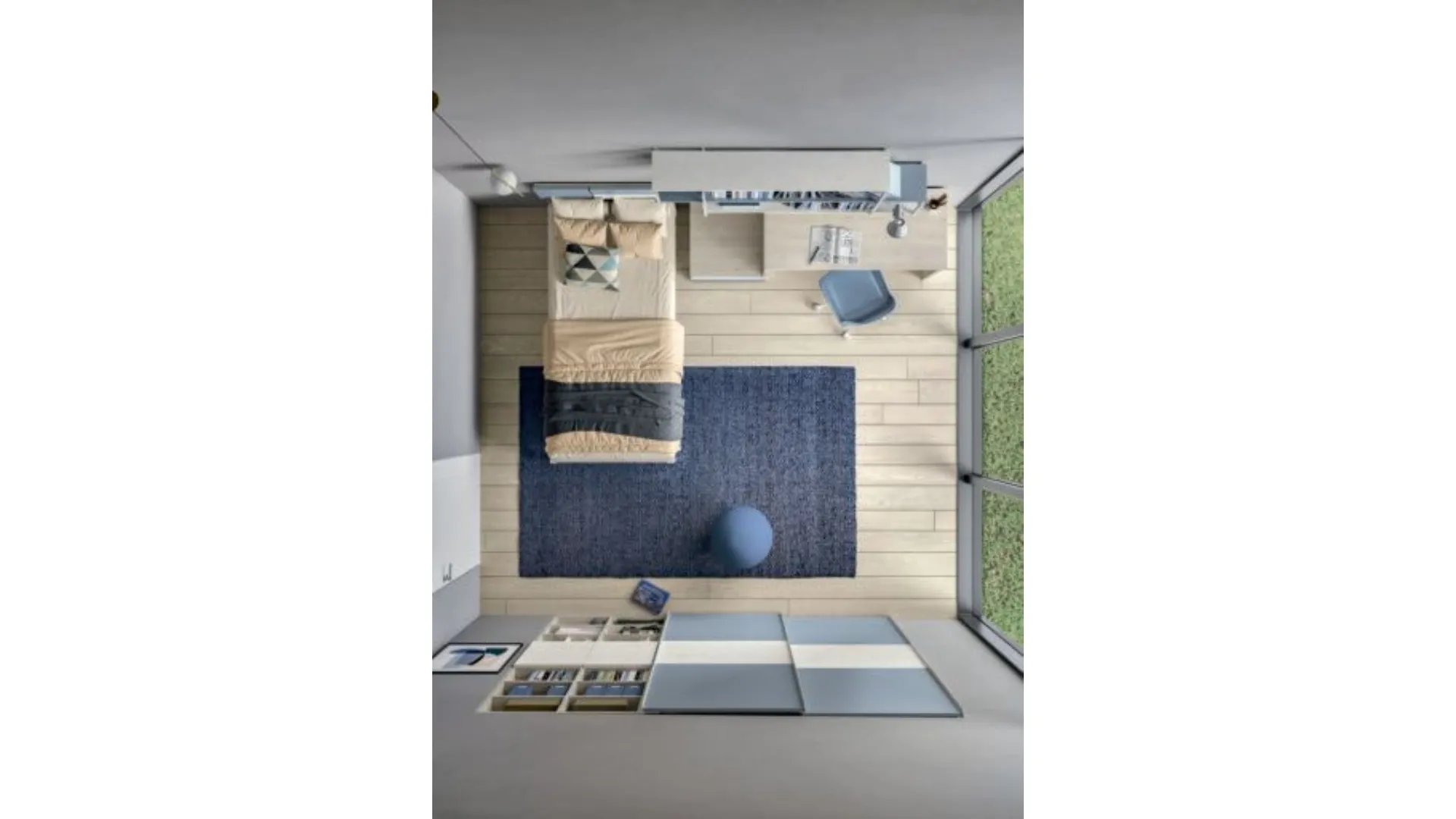 Modern, functional and stylish children's bedroom, with a study corner.