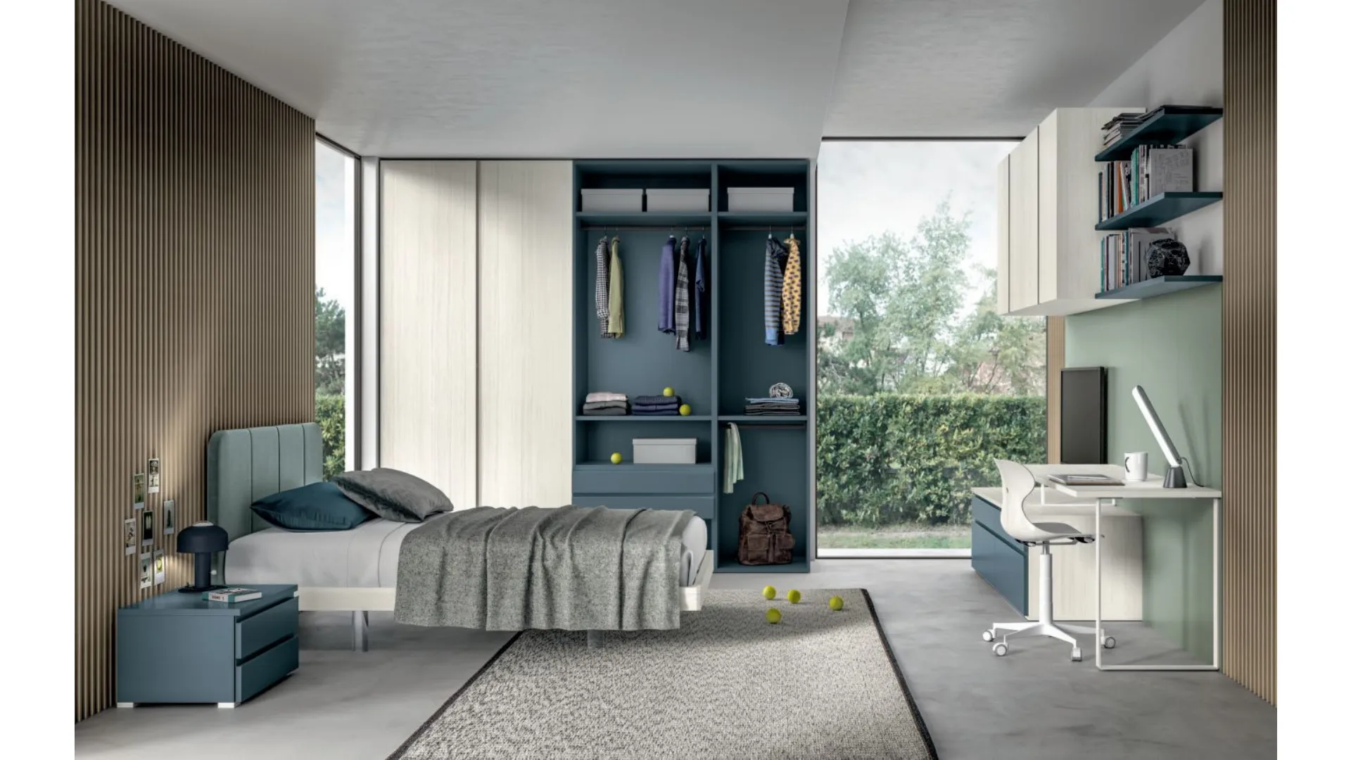 Refined and modern bedroom, complete with wardrobe and study area.