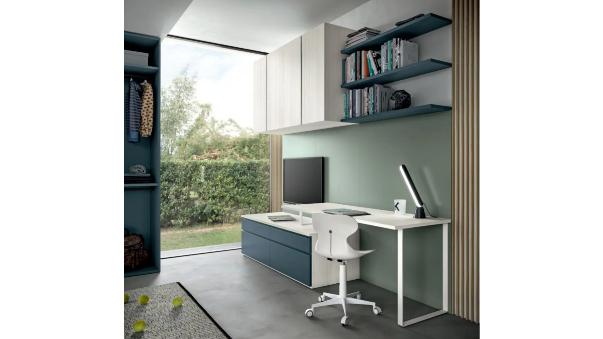Refined and modern bedroom, complete with wardrobe and study area.