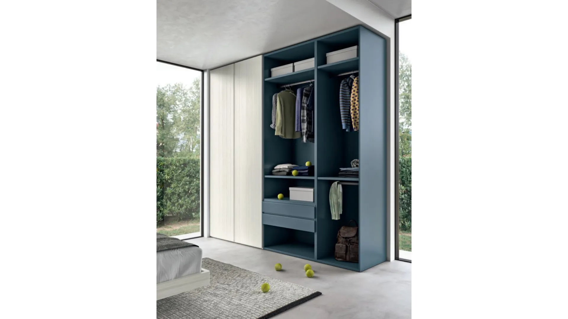 Refined and modern bedroom, complete with wardrobe and study area.