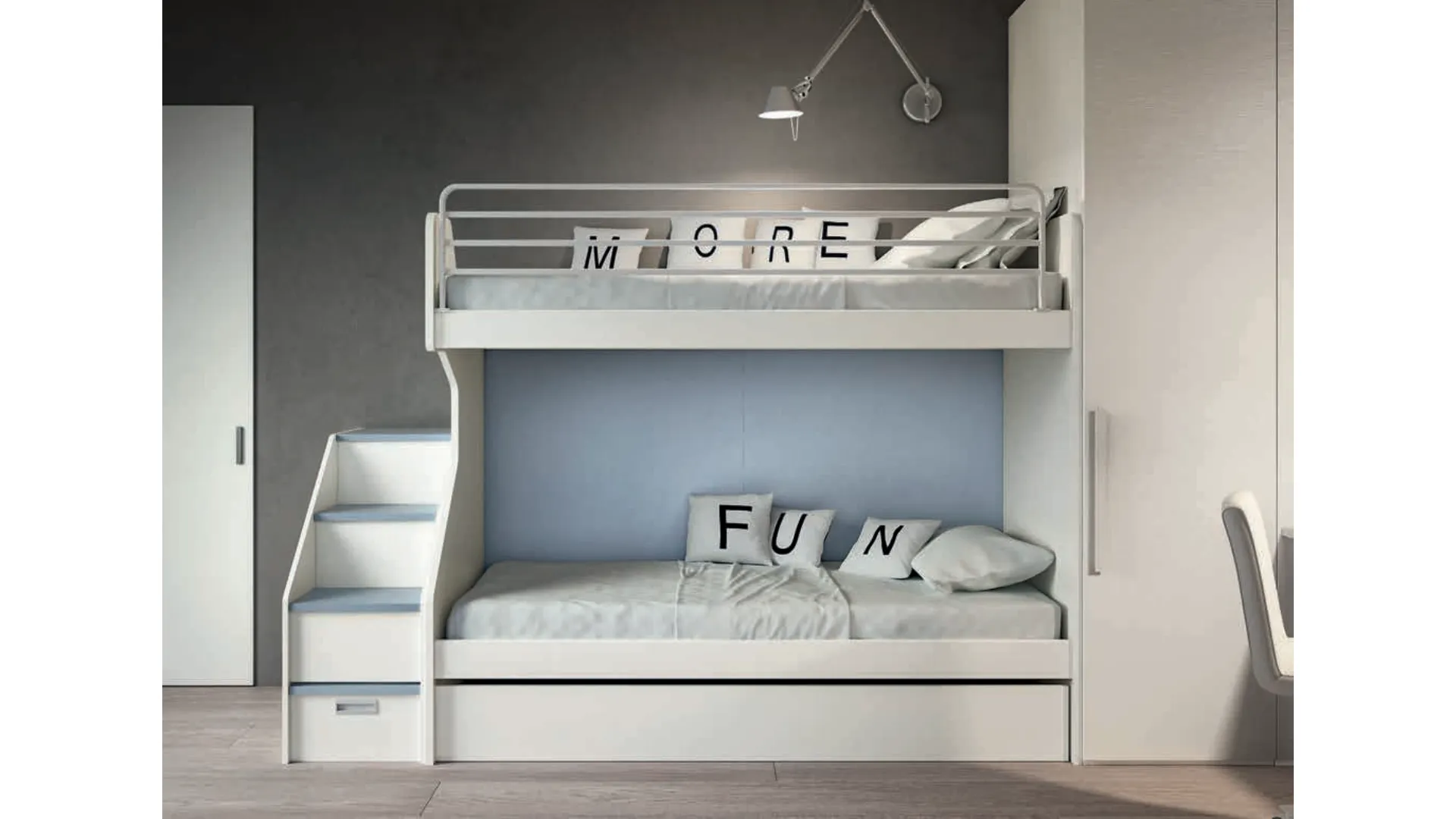 Bunk bed, with space-saving metal ladder or convenient ladder with openable compartments.