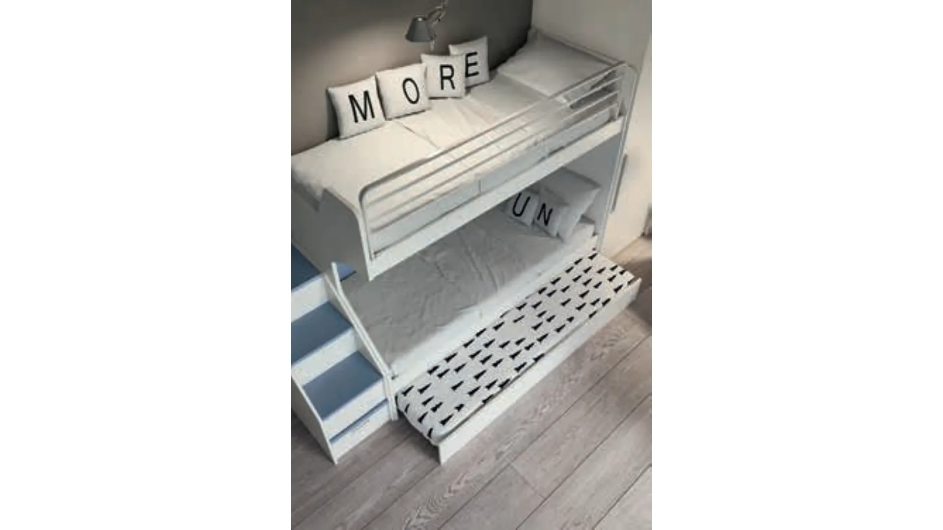 Bunk bed, with metal space-saving ladder or convenient ladder with openable compartments.
