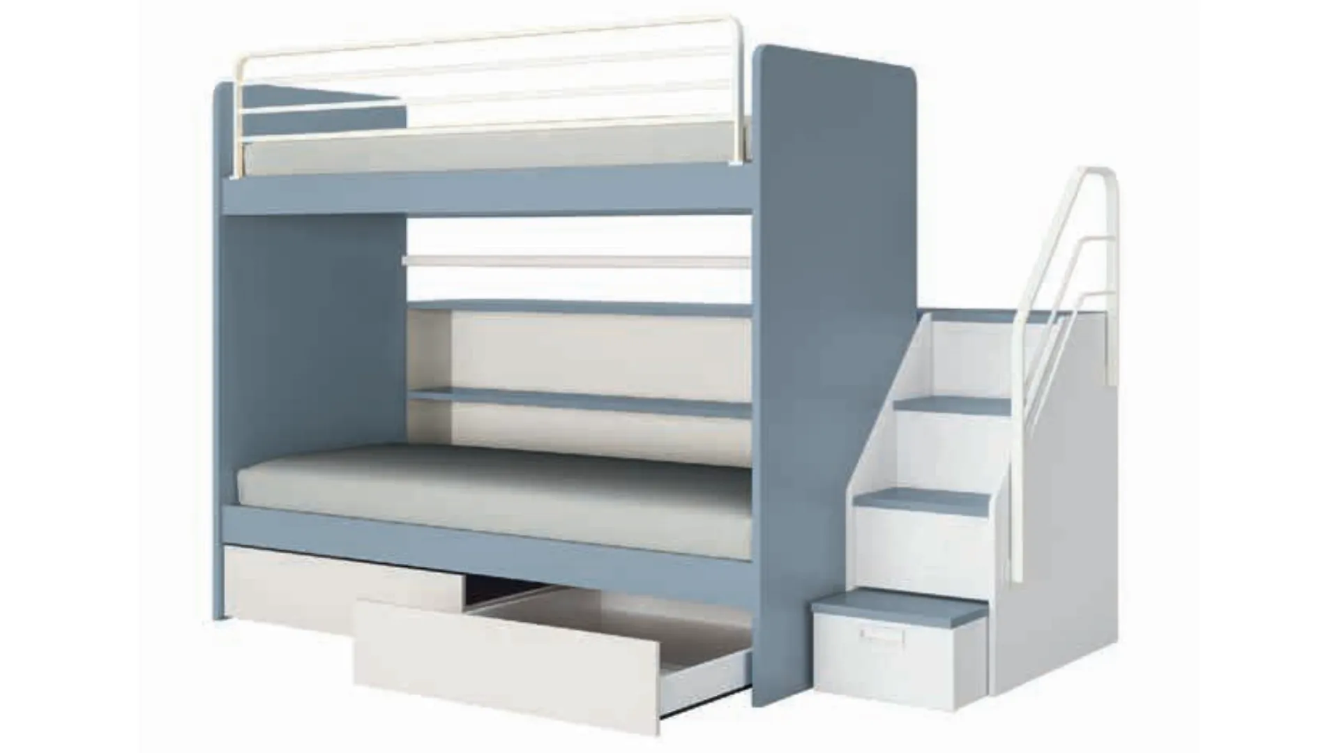 Bunk bed, with space-saving metal ladder or convenient ladder with opening compartments.