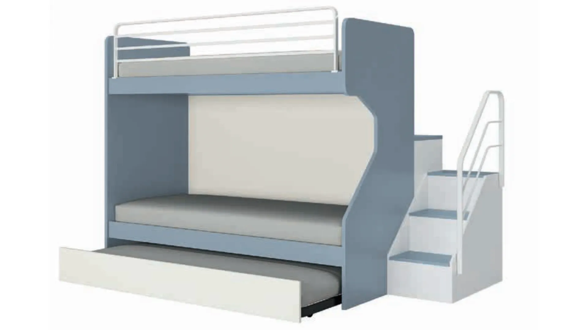 Bunk bed, with space-saving metal ladder or convenient ladder with openable compartments.