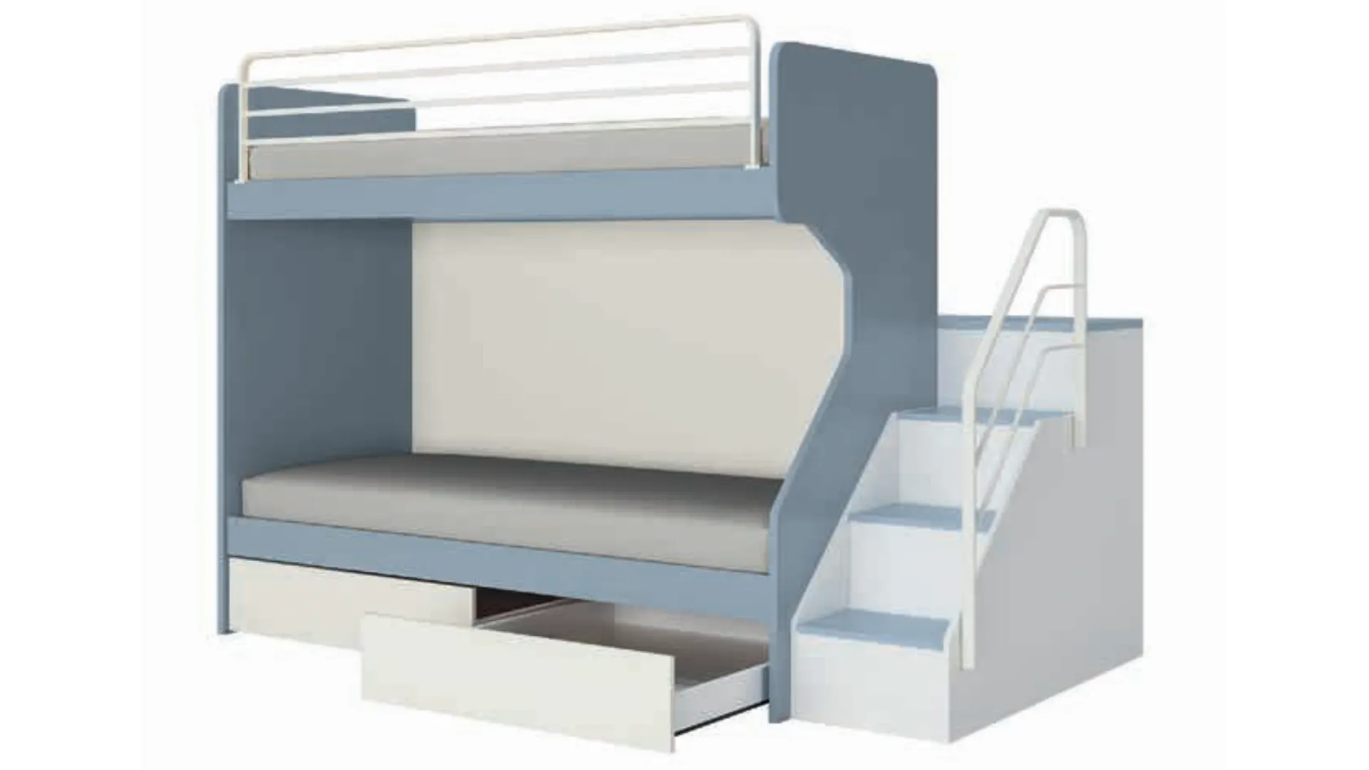Bunk bed, with space-saving metal ladder or comfortable ladder with openable compartments.