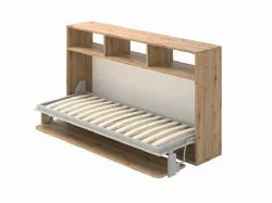 Single folding bed with integrated writing desk, customizable in finishes.