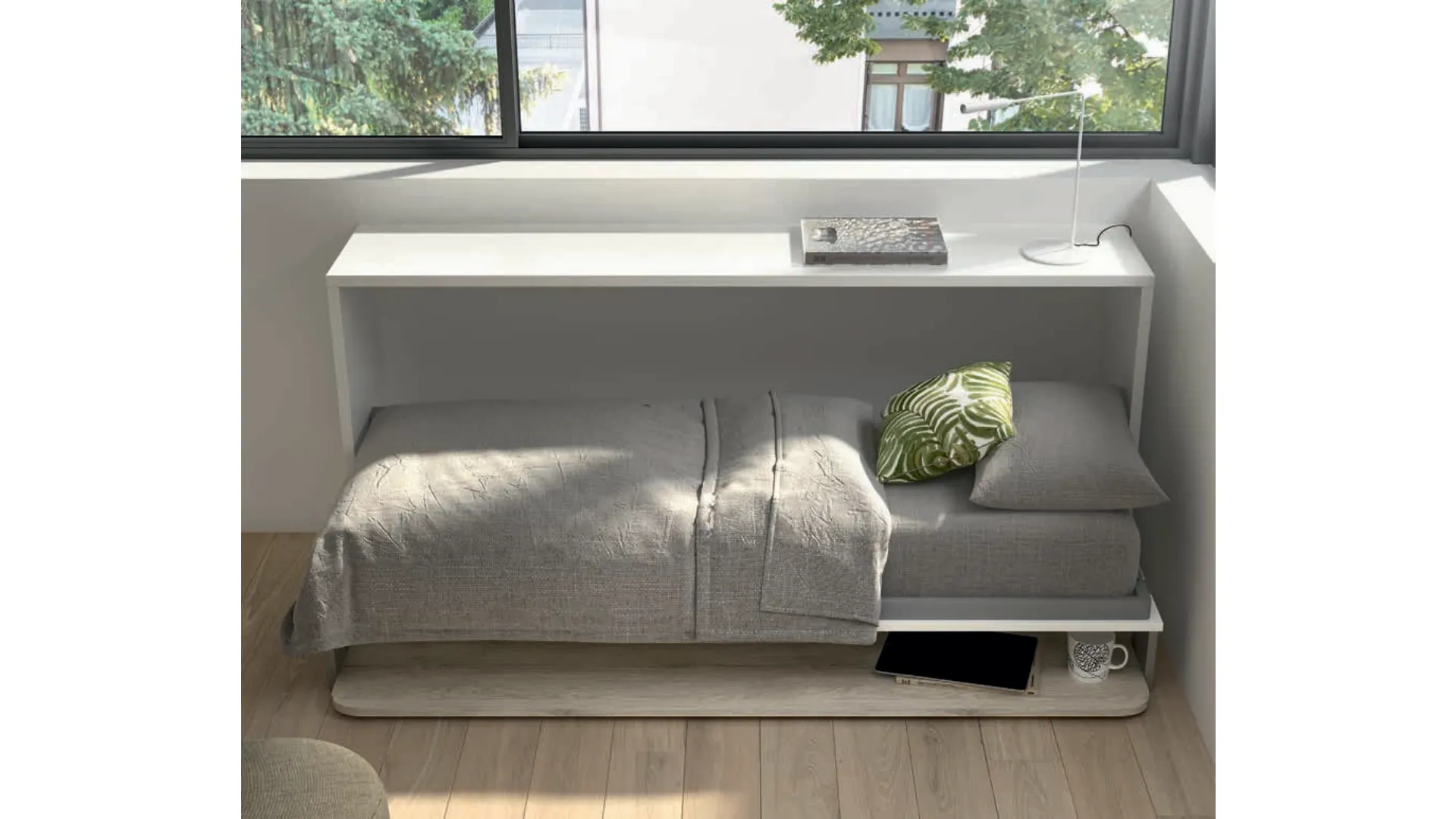 Single foldaway bed with integrated writing desk, customizable in finishes.