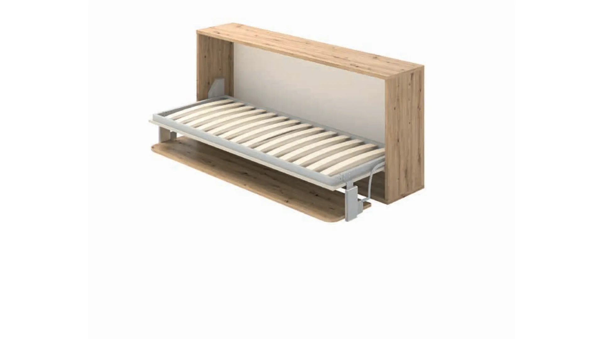 Folding single bed with integrated desk, customizable in finishes.
